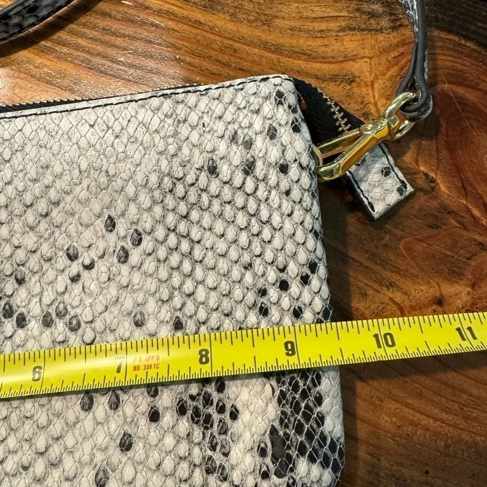 GILI leather snake print crossbody bag or clutch. Gray/white gold trim zip top